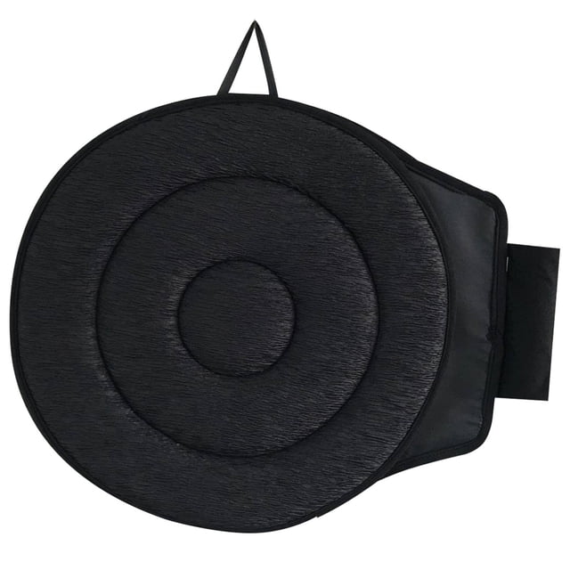 Lisbinx 360° Rotating Seat Cushion with pleated black fabric and a textured, non-slip base. This lightweight, portable cushion provides 360° rotation for mobility aid, making it ideal for car seats, office chairs, and home use. Designed to reduce hip and back strain, it features swivel foam for pressure relief and easy access in and out of seats.