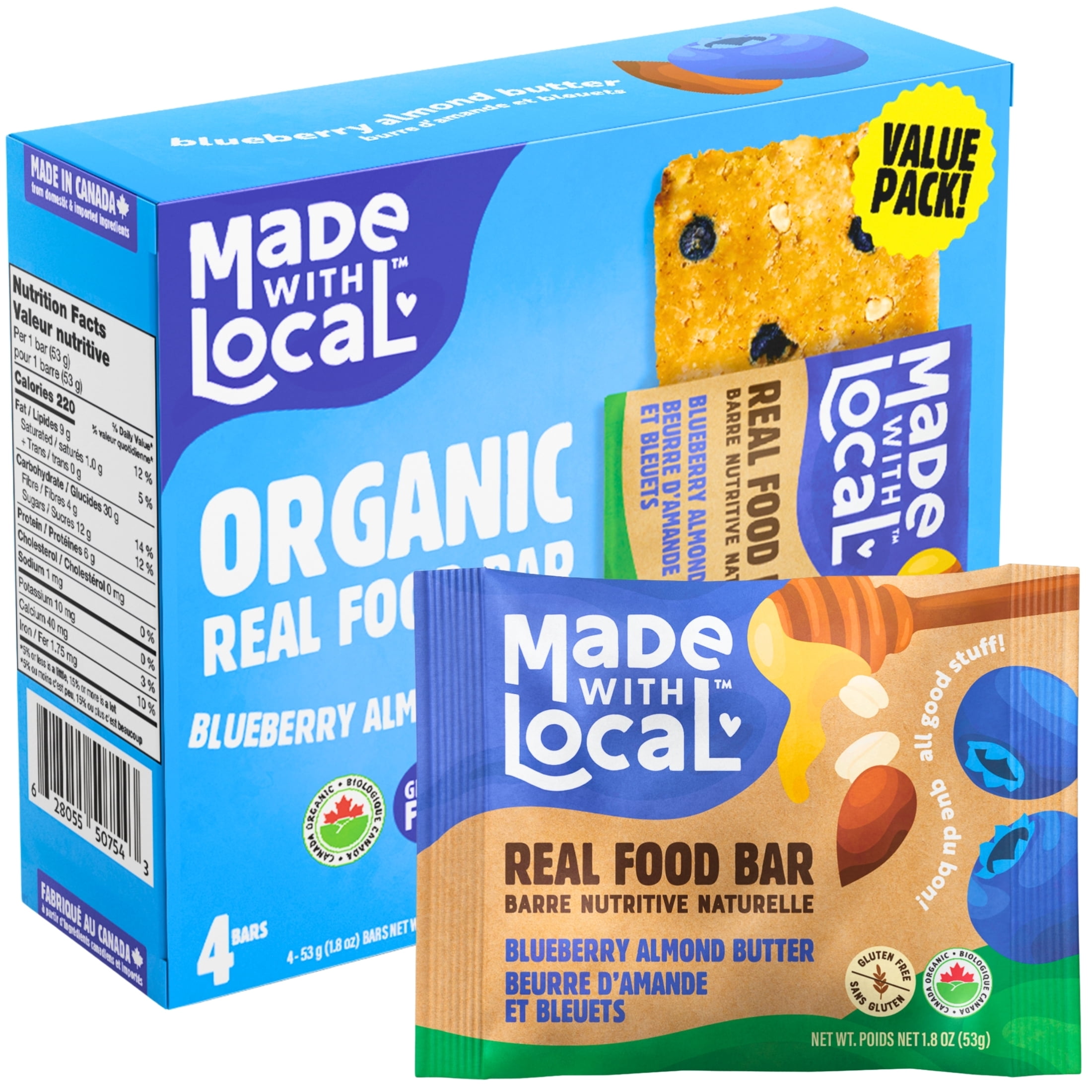Made with Local Blueberry Almond Butter Organic Energy Bars (Organic, Gluten-Free, Non-GMO, 7g Protein, Simple Ingredients, Made in Canada), 4-Pack (212 g)