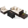thumbnail image 1 of Gymax Set of 5 Patio Furniture Set Heavy-duty Frame Rattan Sofa Set w/ 60000 BTU Firepit Table White, 1 of 7