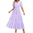 thumbnail image 1 of HXWCHs Robe Rayée pour Femme, Fluide, Col en V, Taille à Nouer, Robe d'Été Décontractée, Confortable, Plage, Évasée, Maxi pour la Saison du Printemps, Violet, G, 1 of 7