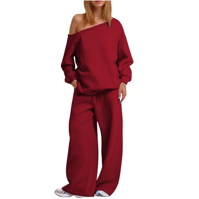 MeetoTime Women's 2 Piece Set Fleece Round Neck Pullover Sweatshirt Wide Leg Pants Tracksuit Lounge Outfit