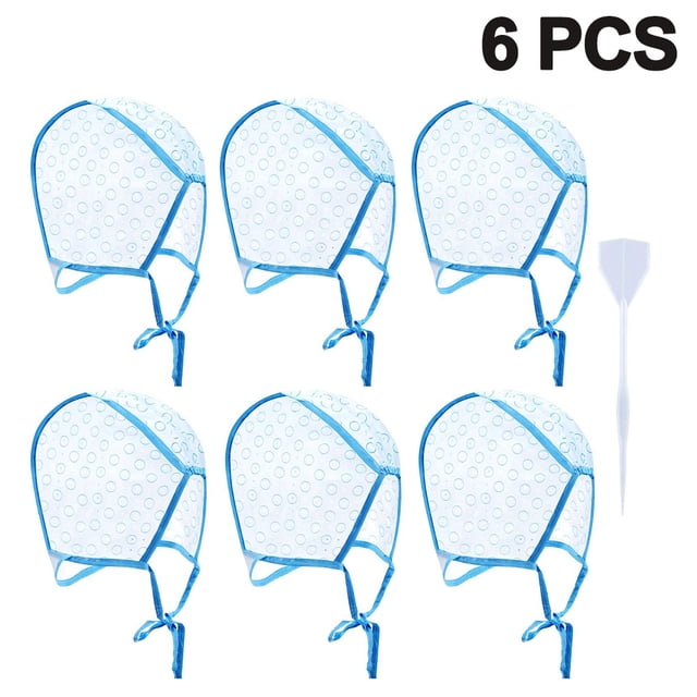 Disposable Hair Highlight Cap Tipping Cap Hair Coloring Highlight Dye Cap by Rongmo, featuring a set of six transparent caps with blue trim and perforated holes for easy hair highlighting. Includes a plastic hook needle for pulling hair through the holes. Suitable for home or salon use, accommodating all hair types such as short, curly, or straight. Designed for convenience and ease of use.