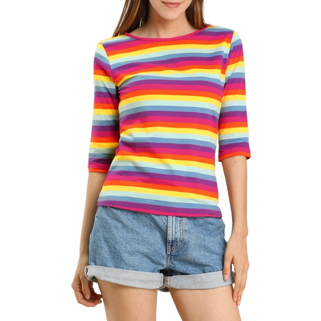 INSPIRE CHIC T-Shirt pour Femme à Manches au Coude, Col Rond, Coupe Ajustée, Basique, Décontracté, Imprimé, S Multicolore