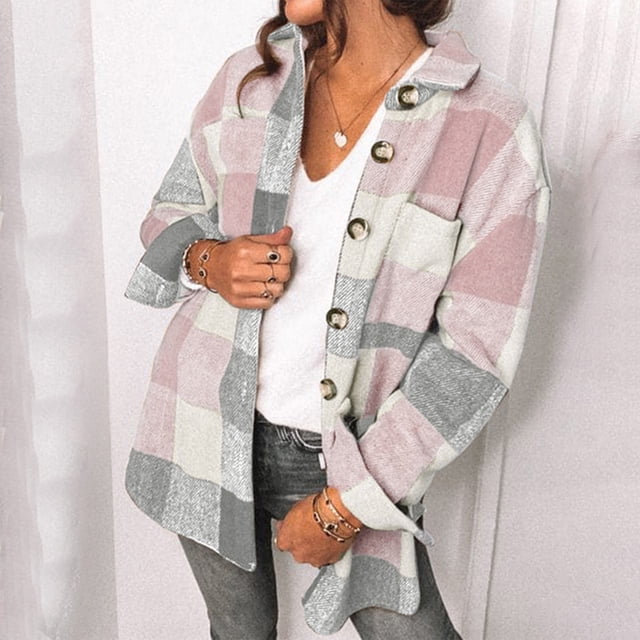 HWRETIE Veste à Carreaux pour Femme à Manches Longues, Col Rabattu, Manteau Décontracté, Vêtement d'Extérieur Mode