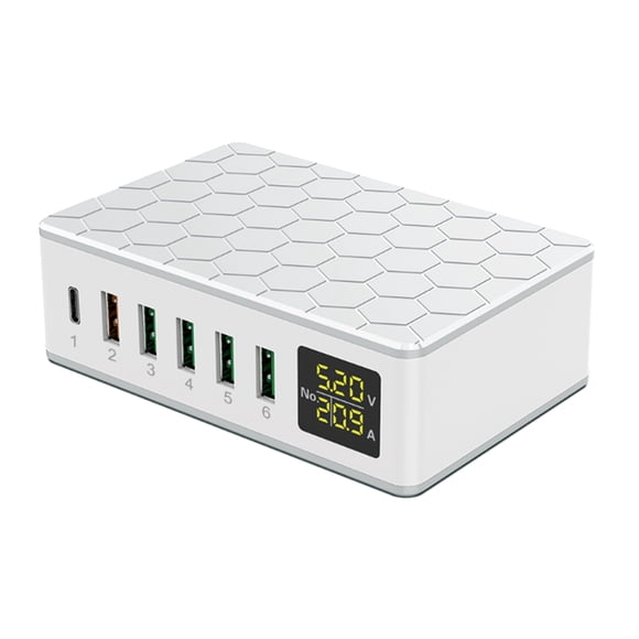 TFixol 65W Multi-Port USB-C Charger with LED Display, 6-Port Fast Charging Station, Compact Design, White, US Plug, for Smartphones, Tablets, and More