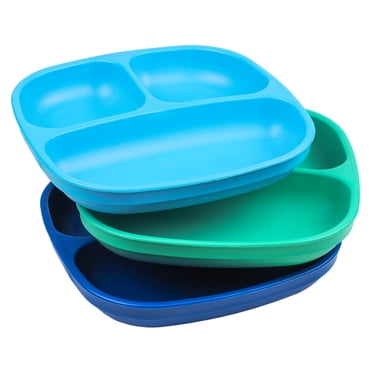 Re-Play Fabriqué aux États-Unis 7 Pouces Assiettes Compartimentées à Rebord Profond pour Enfants, Sans Couvercle - Assiettes à 3 Compartiments Réutilisables, Lavables au Lave-Vaisselle et au Micro-Ondes - 7.37 Pouces x 7.37 Pouces x 1.25 Pouces, un Bleu Franc