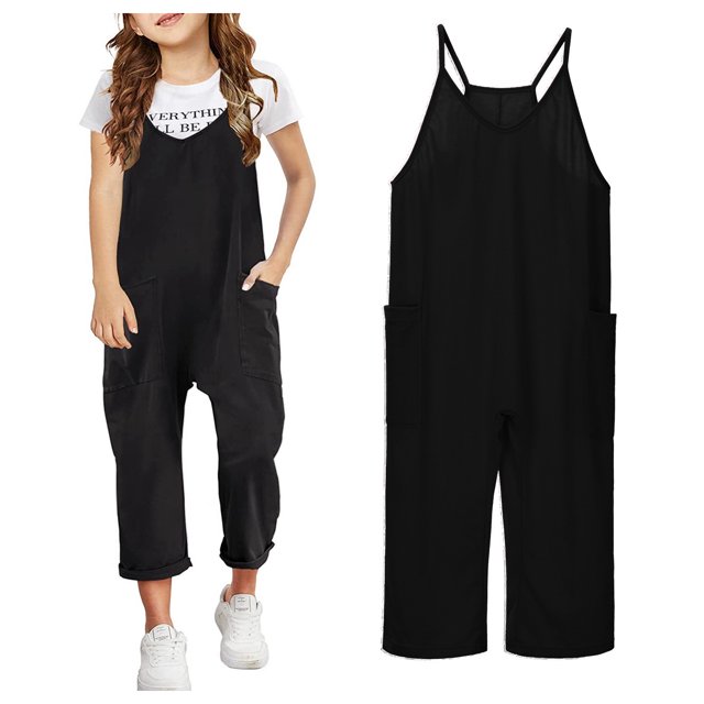 Kids Girls Jumpsuits Overalls Spaghetti Strap Rompers With Pockets Wide Leg Harem Pants Girls Overalls 10-12