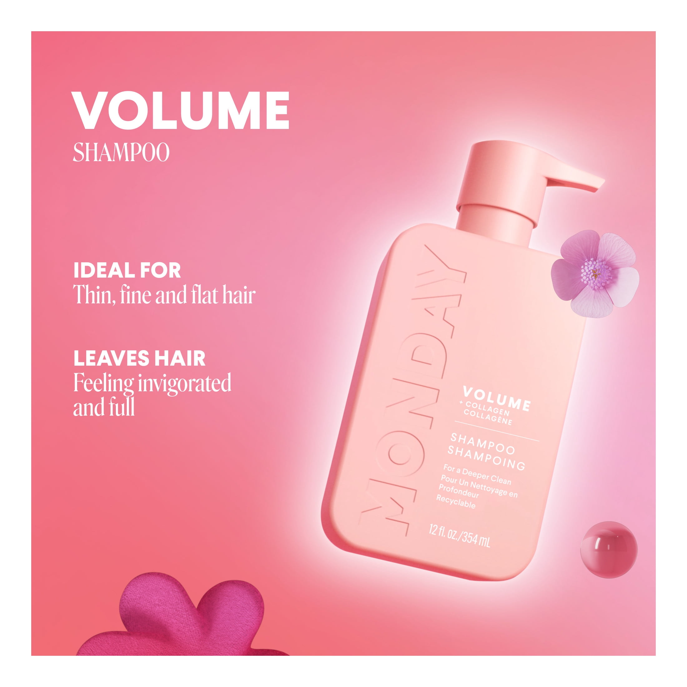 MONDAY Haircare Shampooing Volumisant avec du Collagène Hydrolysé & de l'Huile de Macadamia pour les Cheveux Clairsemés, Fins & Plats