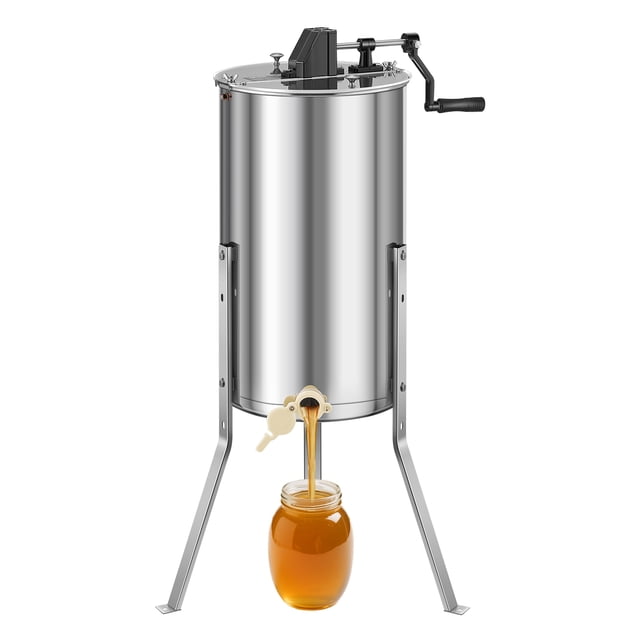 VEVOR Extracteur de Miel Manuel 2 Cadre Apiculture Tourne-Abeilles en Acier Inoxydable. l'Extracteur Présente une Conception Cylindrique avec une base Trépied Renforcée pour la Stabilité, une Manivelle Manuelle pour le Fonctionnement, et un Couvercle transparent pour Observer le Processus d'Extraction de Miel. le Miel Est Montré s'Écoule du drain de Miel en Plastique dans un Pot Inférieur. Convient aux Cadres Profonds, Moyens et Peu Profonds, Cet Extracteur Est Conçu pour une extraction de Miel Efficace et Sécuritaire.