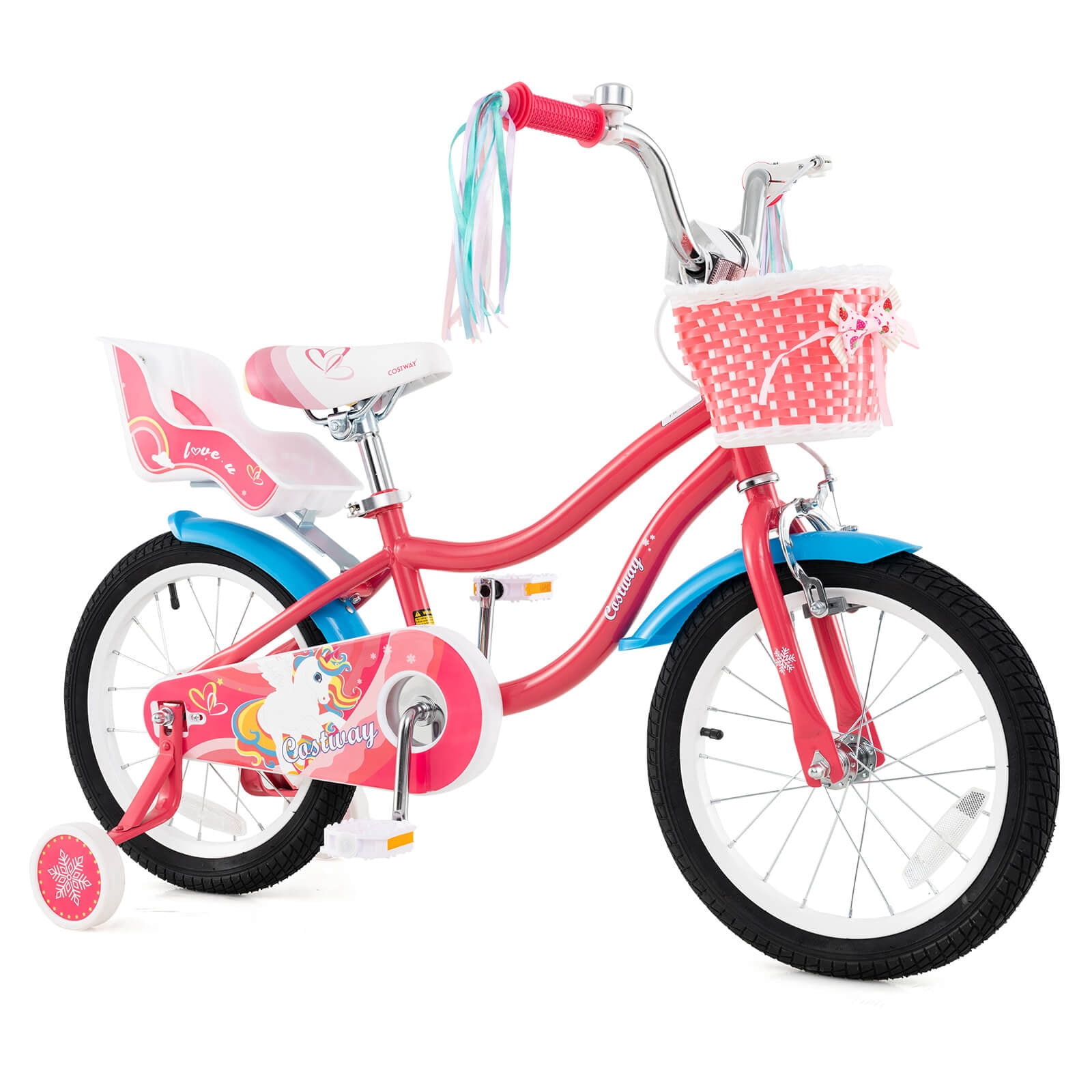 Costway 16" Kids Bike with Basket Doll Seat & Colorful Streamers 2 Training Wheels Pink