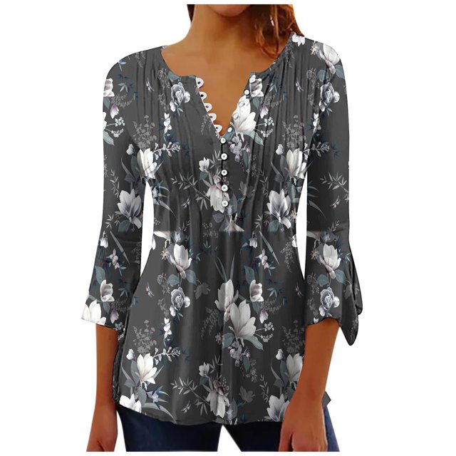 CEHVOM Femmes Mode Imprimé Décontracté Col en V Manches 3/4 T-Shirt Blouse Hauts Liquidation