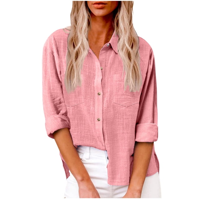 Timegard Button down Shirts for Women Plus Size Lapel Neck Cotton Linen Blouse Work Casual Loose Tops