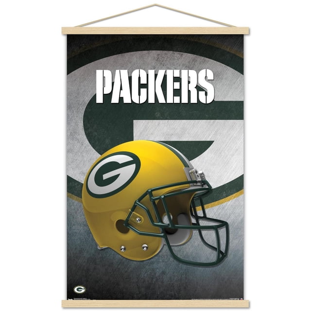 NFL Packers Green Bay Green Bay Packers - Affiche Murale de Casque 16, 22,375 Pouces x 34 Pouces Encadrée Montrant une Vue Latérale d'Un Casque de football Jaune avec un Masque Vert Foncé et le logo « g » des, sur Fond Texturé avec un Grand logo des Packers Délavé et un Texte « Packers » Blanc Audacieux au-Dessus, Convient à la Déco Murale à Thème Sportif pour la Maison Ou les Bureaux.
