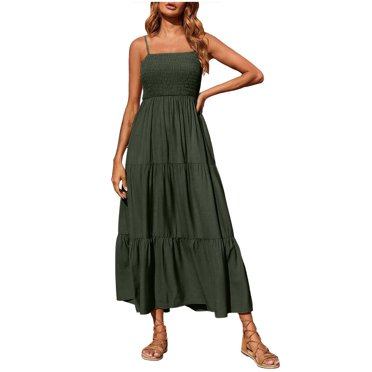 KIHOUT Robes d'Été pour Femmes, Robes Bohèmes pour Dames à Bretelles Spaghetti, Smockées, à Étages, Longues, de Plage, Soleil, Sans Manches, Unies, Robe Maxi Vert Armée 3TG