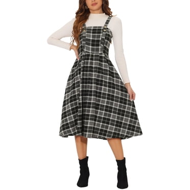 INSPIRE CHIC Robe Chasuble Midi Vintage à Carreaux Sans Manches Évasée pour Femme TG Noir