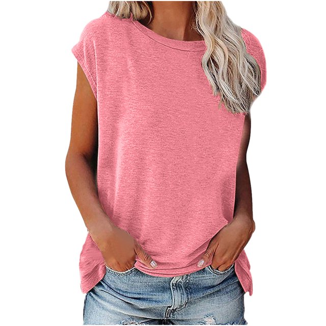 lcziwo Débardeurs pour Femmes 2024, Hauts Sans Manches de Couleur Unie pour Femmes Été Col Rond Manches Courtes Débardeur T-Shirt Basique Uni Tunique Ample Décontractée, Rose, m