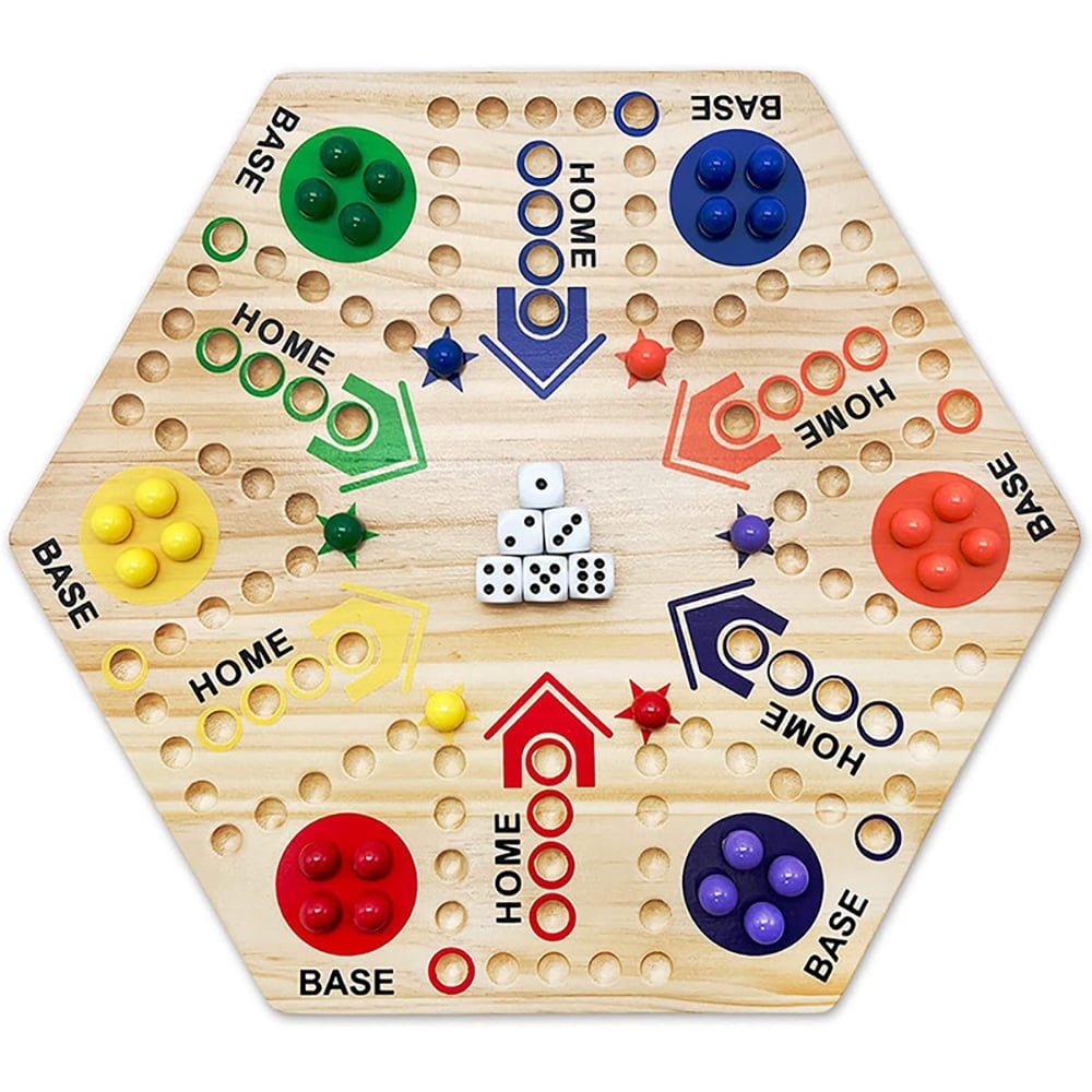 Board Game Double Sided Painted Wooden Quick Board Game Solid Oak Double Sided Marble Board Game 15” Board Game Set for 6 and 4 Players  Kids  Friends Family Game Party
