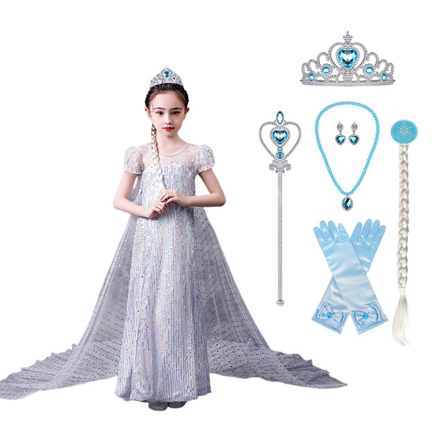 Robe de Fête des Neiges pour Fille, Robe Reine Elsa, Robe Princesse pour Jeu de Rôle, Robe à Paillettes avec Accessoires