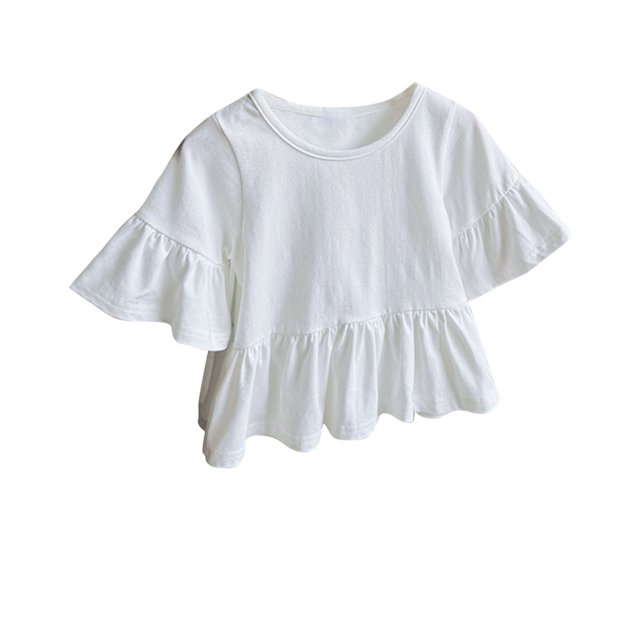 MeetoTime Kids T-shirt Casual Solid Color Ruffle Sleeve Round Neck Blouses for Baby Girls 2-8 Years