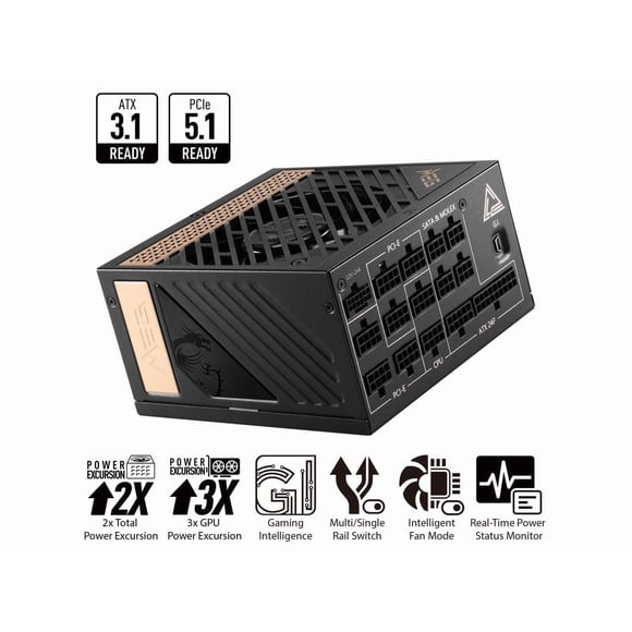 MSI - MEG Ai1300P PCIE5, 80+ PLATINUM Full Modular Gaming PSU, 12V-2x6 Cable, 5080 5090 ATX 3.1 & PCIE 5.1 Ready, 1300W Power Supply, 10 Year Warranty