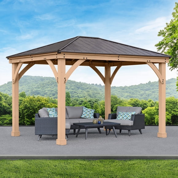 Yardistry 10' x 12' Meridian Cedar Wood Gazebo for Patios, Decks, Garden, Backyard, Durable, Aluminum Roof