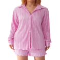 thumbnail image 1 of Women Casual 2 Pcs Clothes Set Solid Color Ruched Long Sleeve Button Down Shirts with Shorts Suit, 1 of 7