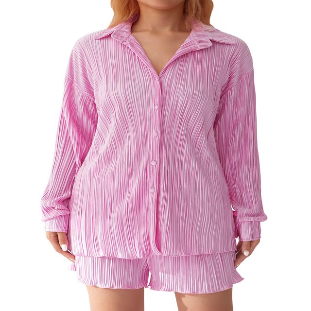 Women Casual 2 Pcs Clothes Set Solid Color Ruched Long Sleeve Button Down Shirts with Shorts Suit