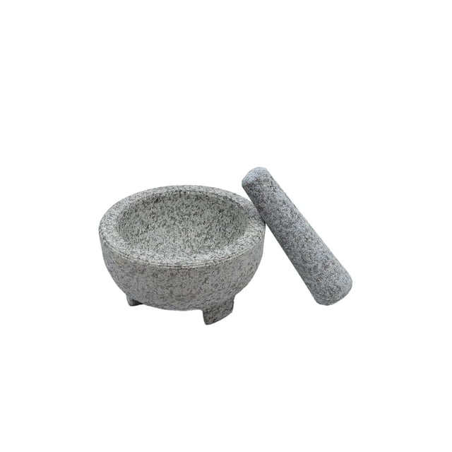 Verka Granite Mortar Pestle, 6 Inch, featuring a round grey granite mortar with a textured interior and three sturdy legs, paired with an ergonomic pestle positioned beside it on a white background, ideal for grinding spices and herbs.