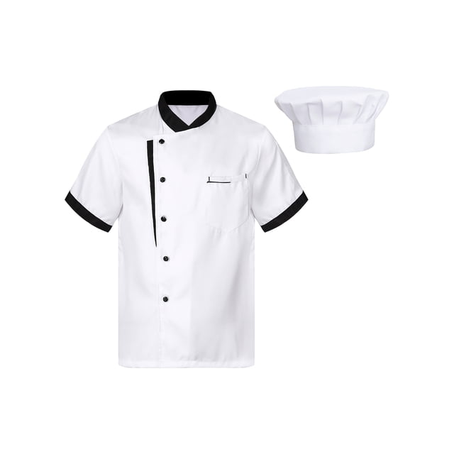 dPois Men Personalized Chef Coat With Hat Unisex Chef Jacket Kitchen Work Uniform Hotel Restaurant Workwear White03 XXL