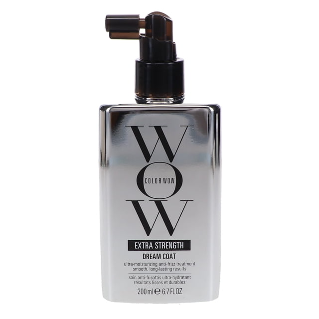 COLOR WOW Extra Strength Dream Coat Ultra-Moisturizing Anti-Frizz Treatment in a 6.7 oz bottle. The product features a sleek, reflective silver bottle with a black spray nozzle and bold black text displaying the brand name and product details. Designed for ultra-dry, humidity-reactive hair, it provides long-lasting frizz control, moisture infusion, and heat protection for up to 3-4 washes.