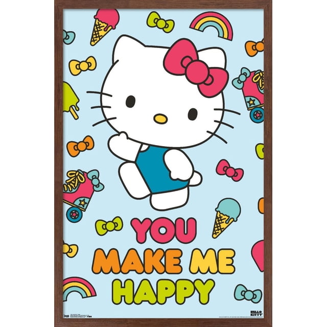 Hello Kitty - Happy Wall Poster, 22.375" x 34" framed wall art featuring Hello Kitty in a blue outfit with a red bow, surrounded by colorful ice cream cones, rainbows, roller skates, and bows on a light blue background with the phrase 'You Make Me Happy' in bold pink, orange, and yellow letters, ideal for bedroom or kid's room decor.