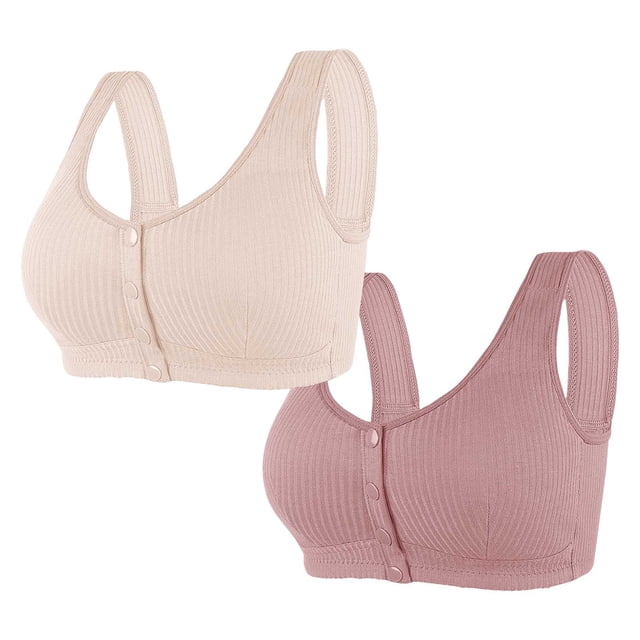 TACILIP 2 Pack Plus Size Wireless Bras Front Closure Bras for Women Front Button Push Up Bra for Old Women Soft Wirefree Seamless Bralettes with Wide Strap