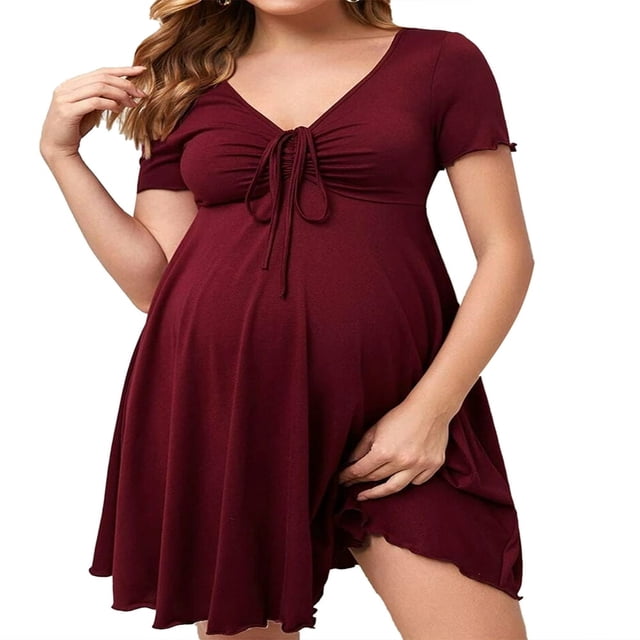 Robe de Maternité Courte pour Femmes à Manches Courtes, Mini, Col en V, Décontractée, Ample, Style Babydoll, Grande Taille