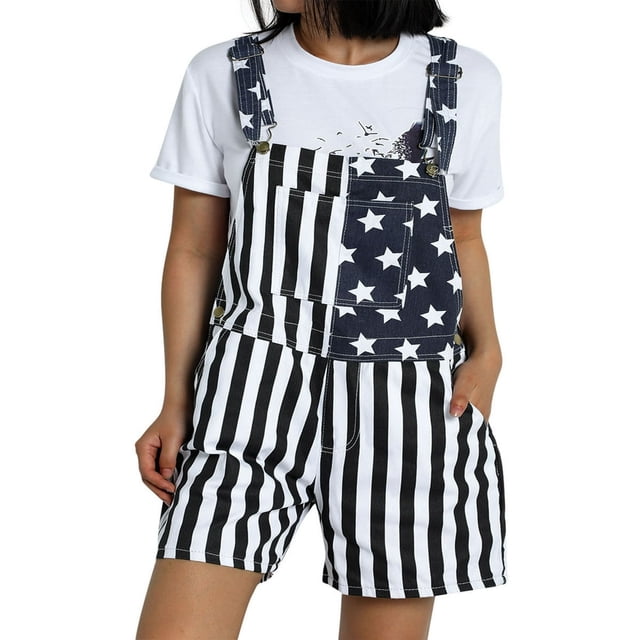 Adult Romper Summer American Flag Print Denim Bib Overall Shorts