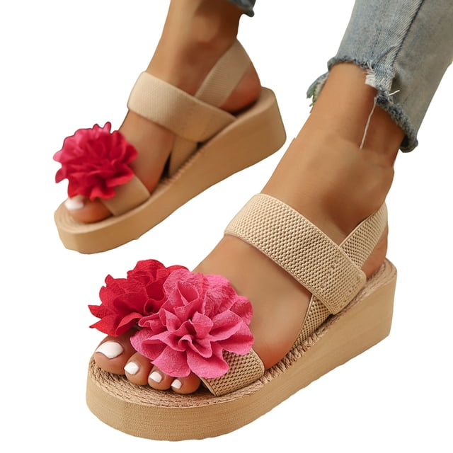 Sandales à Plateforme de Plage à Fleurs pour Femmes 2025 Bohème Vacances à Brides Compensées Slingback Robe Chaussures d'Été