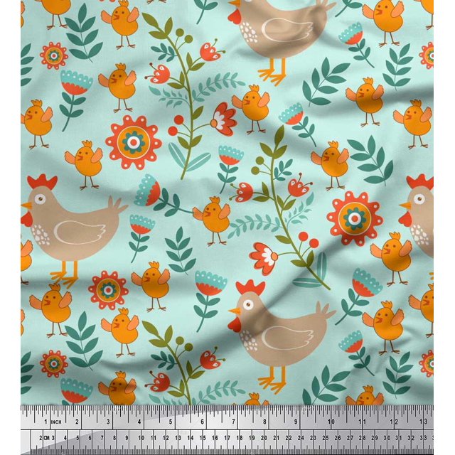 Soimoi Poly Georgette Fabric Leaves,Cock & Chick Cartoon Print Fabric by Yard 42 Inch Wide