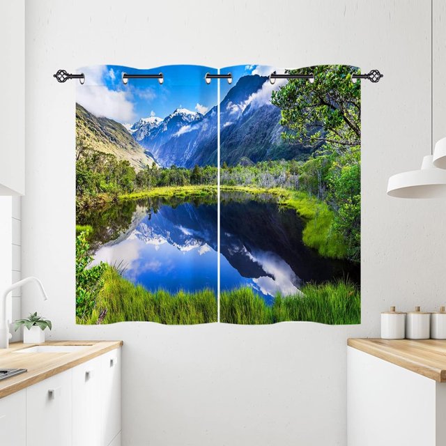 Landscape Curtains, Spring Nature Woodland Mountain Flower Green Tree Scenery Print Patterned Waterproof Fabric Grommet Window Drapes for Kitchen Bedroom Living Room 2 Panels W27.5 x L39