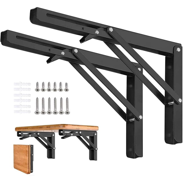 Folding Shelf Brackets - 16 Inch 2 Pcs Heavy Duty Stainless Steel Collapsible Triangle Shelf Bracket in black finish. Includes screws and expansion anchors for installation. Designed for DIY wall-mounted tables, shelves, and workstations, with a foldable locking mechanism at 90 degrees. Durable construction supports up to 330lb/150kg, suitable for hardware applications like flat braces and space-saving solutions.