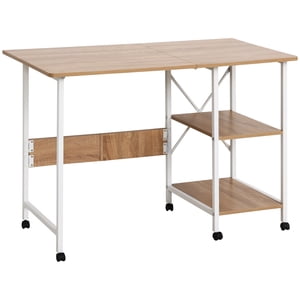 HOMCOM Folding Computer Desk with Storage Shelves, 42" Study Writing Table Laptop Desk with 6 Wheels for Bedroom Home Office Workstation, Natural