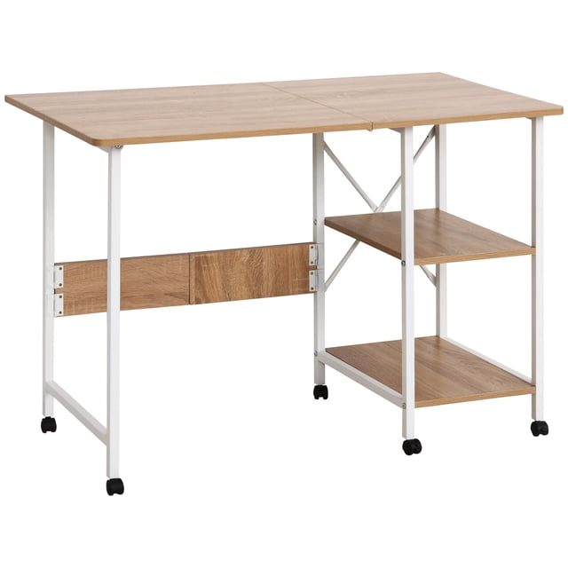 HOMCOM Bureau d'Ordinateur Pliant avec Étagères de Rangement, table d'Étude et d'Écriture de 42 Pouces avec Fini en Bois Naturel et Cadre en Métal Blanc. le Bureau Comprend Trois Étagères de Rangement Ouvertes sur le Côté et six Roues pour une Mobilité Facile. Sa Conception Pliable Permet d'Affaisser le Bureau pour un Rangement compact, le Rendant Idéal pour les Bureaux à Domicile, les Chambres Ou les Salles d'Étude. les Dimensions Sont de 42,1 Pouces de Large, 21,7 Pouces de Profondeur et 29,9 Pouces de Hauteur.