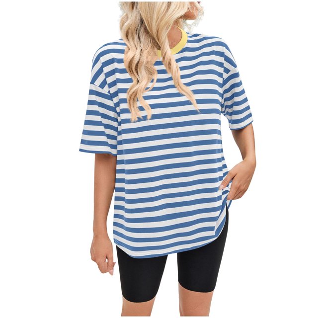 Pisexur Hauts de Printemps pour Femmes 2025, Hauts pour Femmes, Hauts pour Dames 100 % Coton, Haut Décontracté Ample à Rayures Imprimées à Manches Courtes et Col Rond pour Femme Bleu Ciel, G