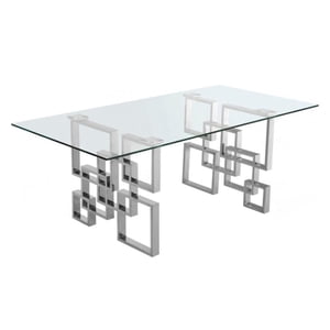 Table à manger en verre Geneviève (29,5"H x 72"L x 36"D) en argent avec plateau en verre élégant – Une table à manger élégante et moderne avec une base en argent sophistiquée pour les intérieurs contemporains