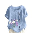 thumbnail image 3 of QATAINLAV Chemises en Lin et Coton pour Femmes Décontractées Amples à Manches Courtes Blouse Boutonnée Surdimensionnée à Col Rond Tunique Graphique T-Shirts Hauts d'Été de Plage Vente Éclair Bleu Clair m, 3 of 5