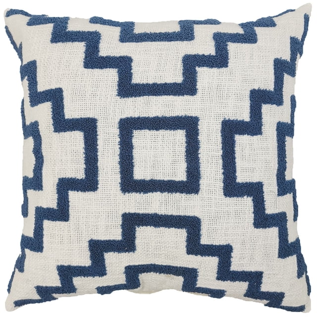 hometrends Iris Iceberg Decorative Pillow, a square throw pillow with white polyester fabric and raised blue geometric square and zigzag patterns, ideal for modern home décor on couches, sofas, or bedding, also suitable as a lumbar support cushion.
