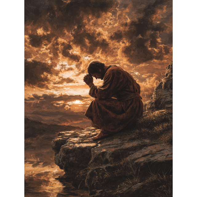 Man Praying Cliffside Canvas Wall Art 15.75x11.81 Inches