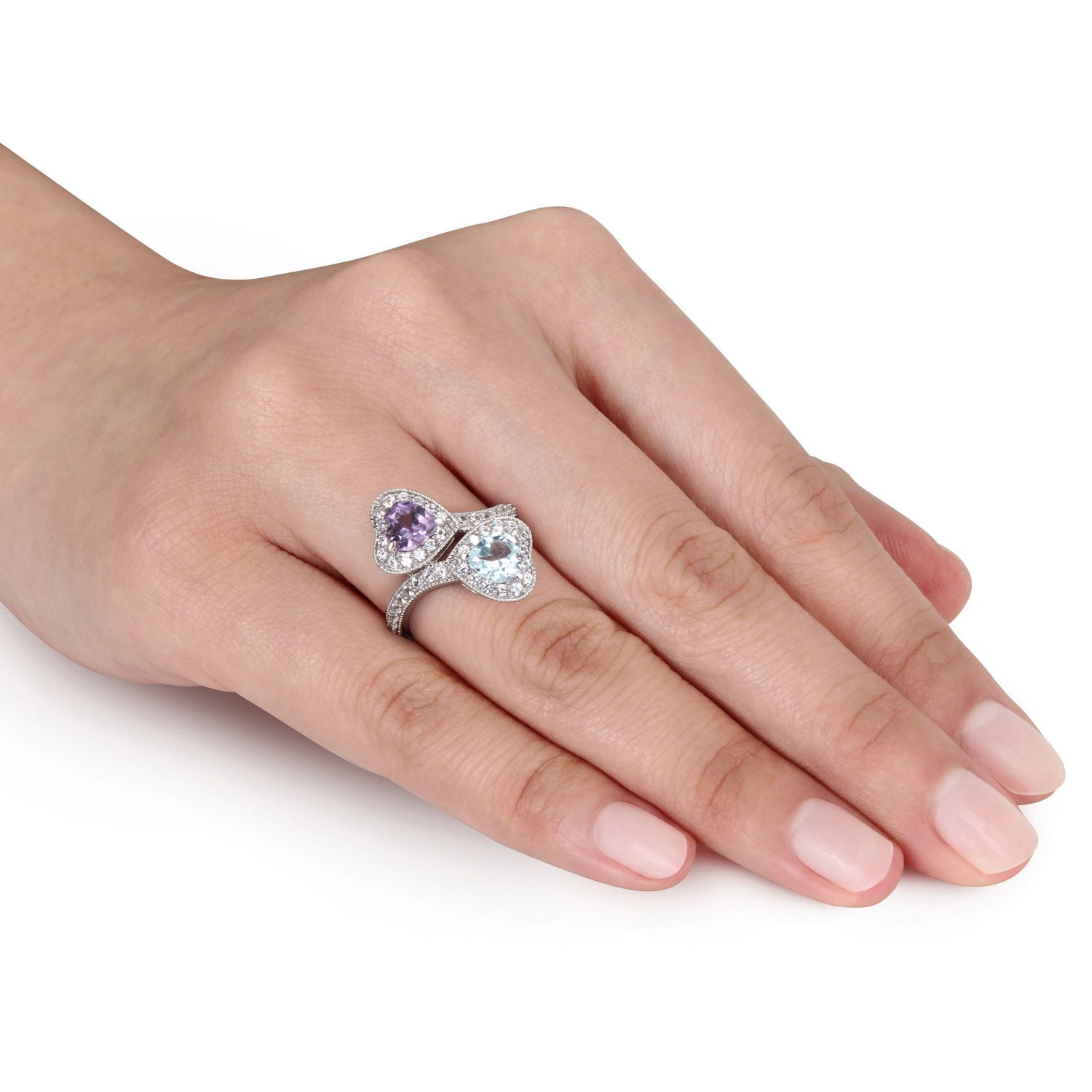 Bague à sections divisées Tangelo avec améthystes, topazes bleues et saphirs blancs synthétiques de forme cœur 2-1/2 CT PBT en argent sterling
