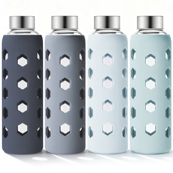Glass Juice Bottles with Lids and Silicone Sleeves 18 oz, 4-Pack Reusable Clear Glass Water Bottles with Stainless Steel Airtight Cap for Juicing, Refrigerator, BPA Free Leak-Proof Drinking Jar