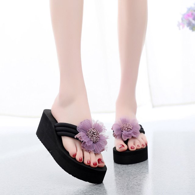 LSLJS Pantoufles pour Femmes, Femmes Dames Été Fleur Maison Compensées Chaussures de Plage Sandales Flip Flops Pantoufles