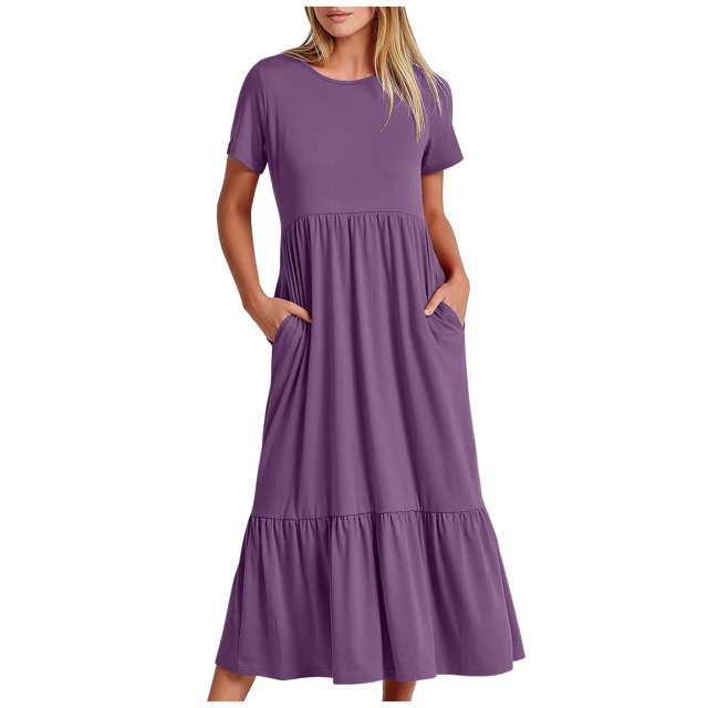Penkiiy Robes Maxi pour Femmes 2024 Décontractées d'Été à Manches Courtes, Robe d'Été Ample Plissée à Étages Fluide de Plage avec Poches m Violet