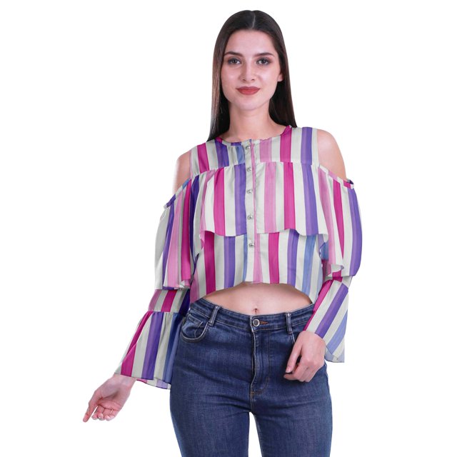 Moomaya Printed Casual Long Sleeve Tops Women Cold Shoulder Ruffle Sleeves Top